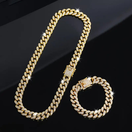 2pcs Cuban Link Chain Necklace & Bracelet Set – Unisex Hip-Hop Jewelry
