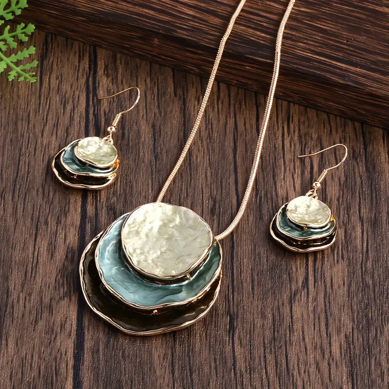 Vintage Layered Stone Jewelry Set (Necklace & Earrings)
