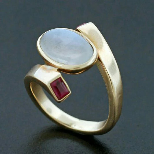 Vintage White Opal & Red Zirconia Gold Ring