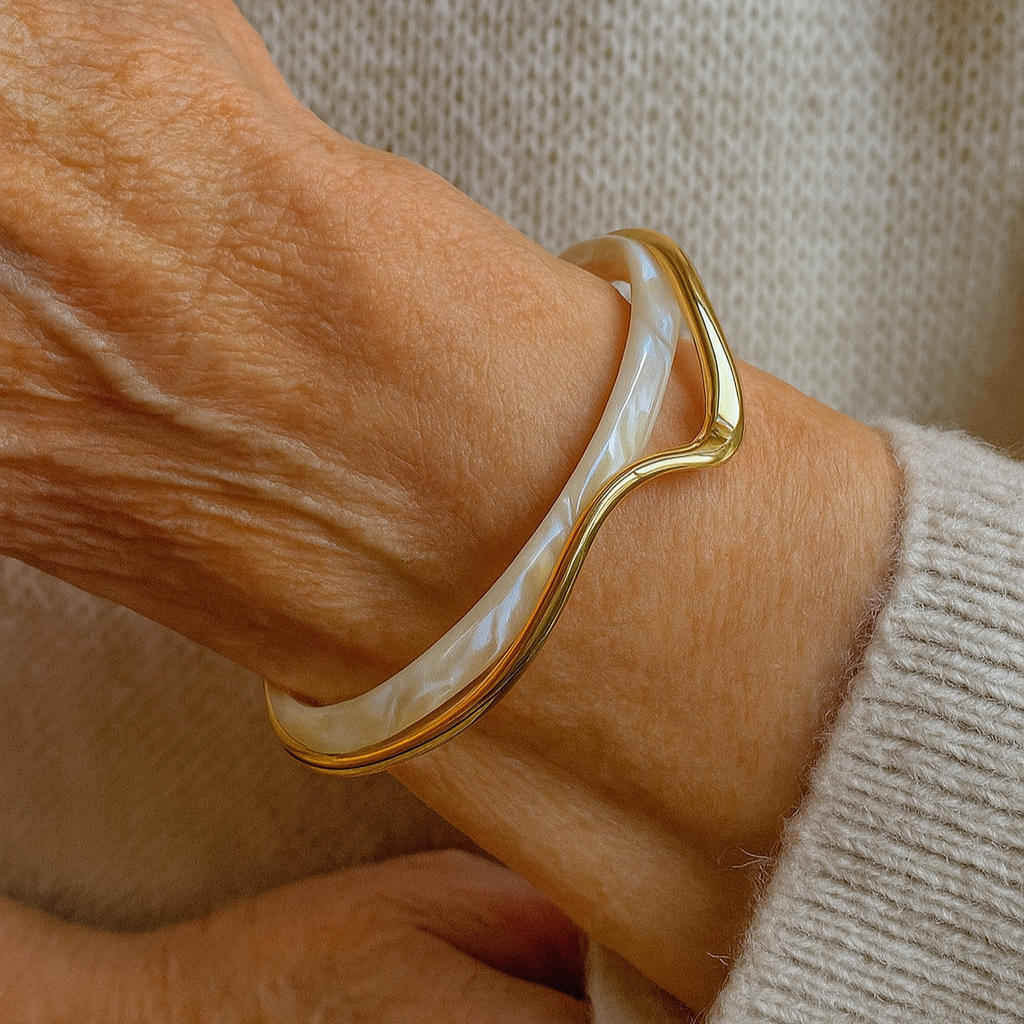 Elegant White Enamel & Gold Open Bracelet