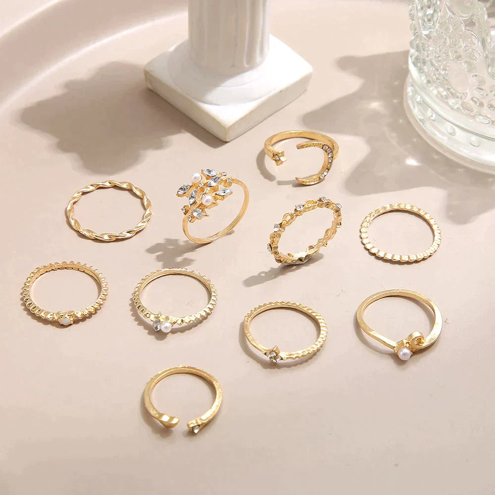 Silver & Gold Bohemian Ring Stack — Set of 10