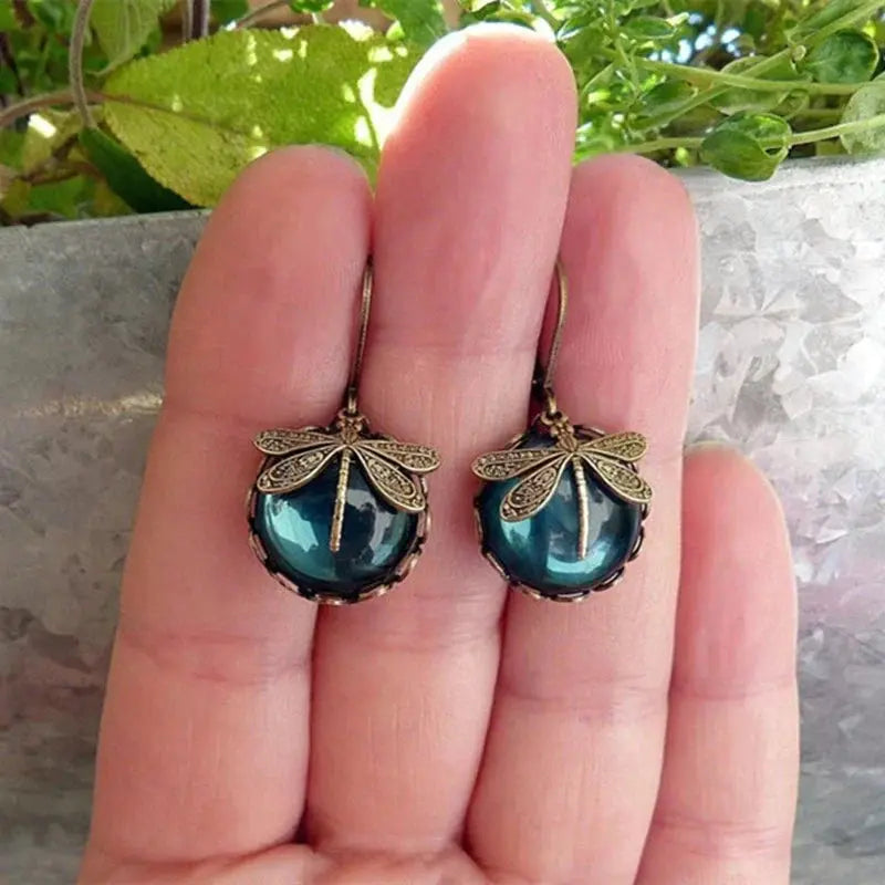 Antique Gold Dragonfly Sphere Earrings
