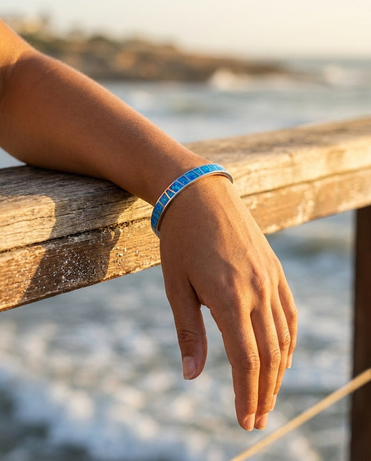Model wearing Blue and Silver Opal Bracelet
