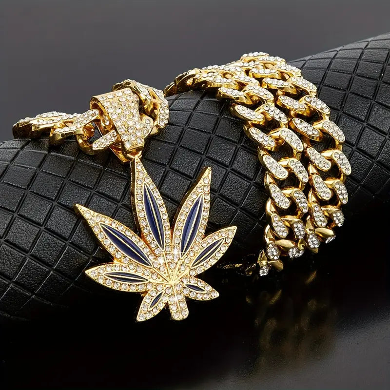 Green Leaf Retro Cuban Necklace – Hip-Hop Style for Men
