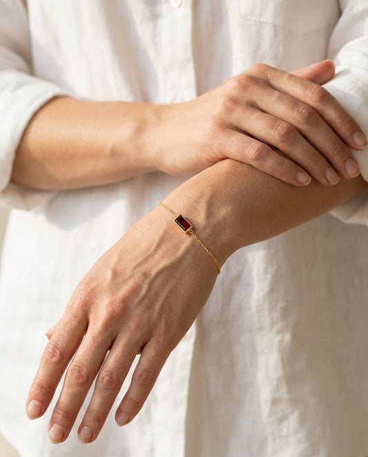 Model wearing Heartline Birthstone Bracelet