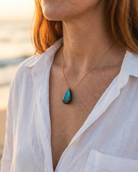 Model wearing Lagoon | Necklace in labradorite