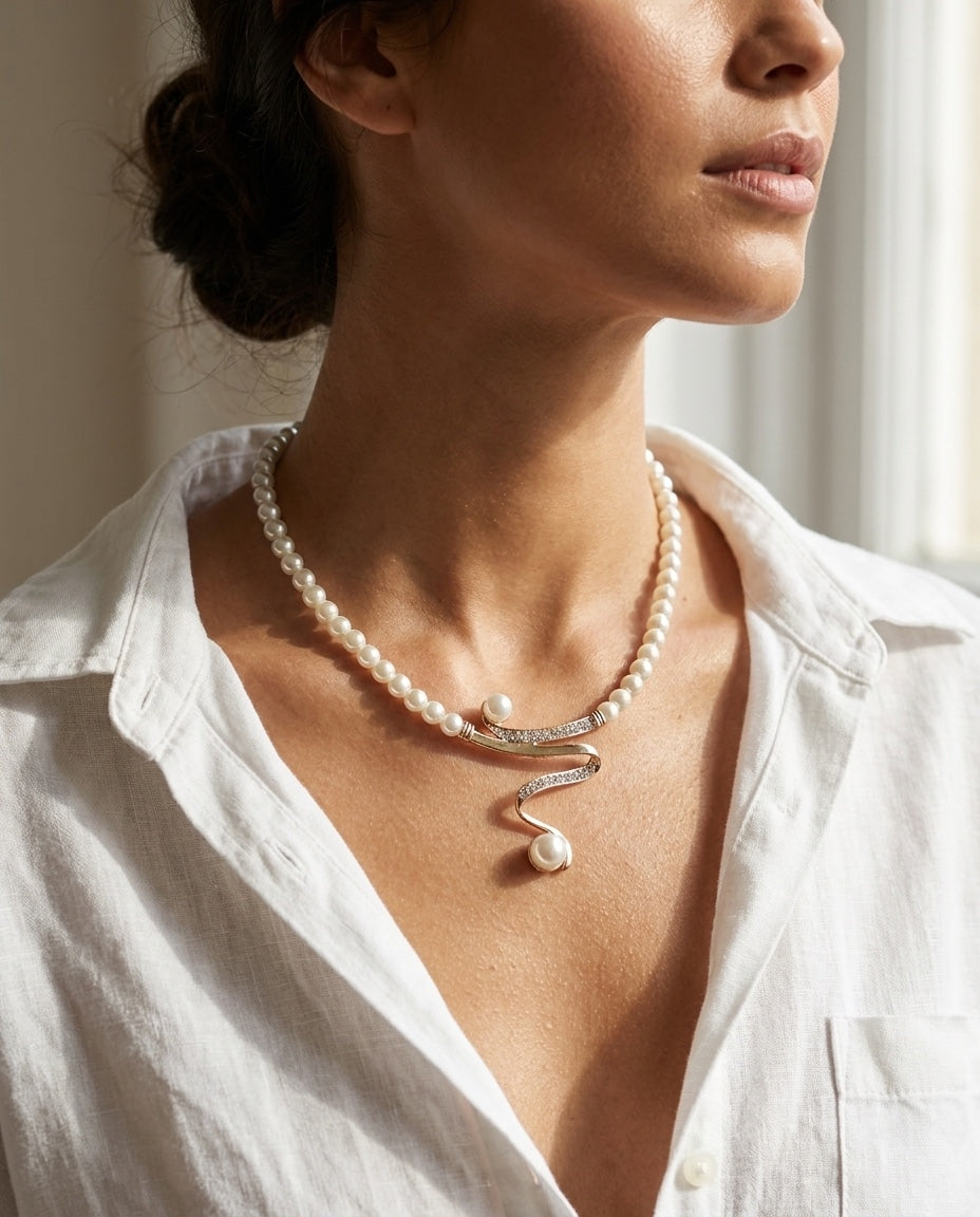 Model wearing Natural Pearl Necklace + Earring Set