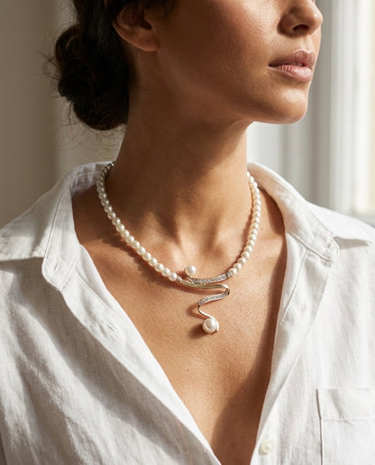 Model wearing Natural Pearl Necklace + Earring Set