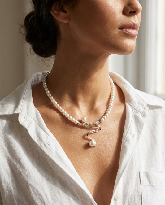 Model wearing Natural Pearl Necklace + Earring Set
