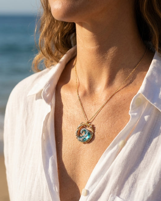 Model wearing Ocean's oath necklace
