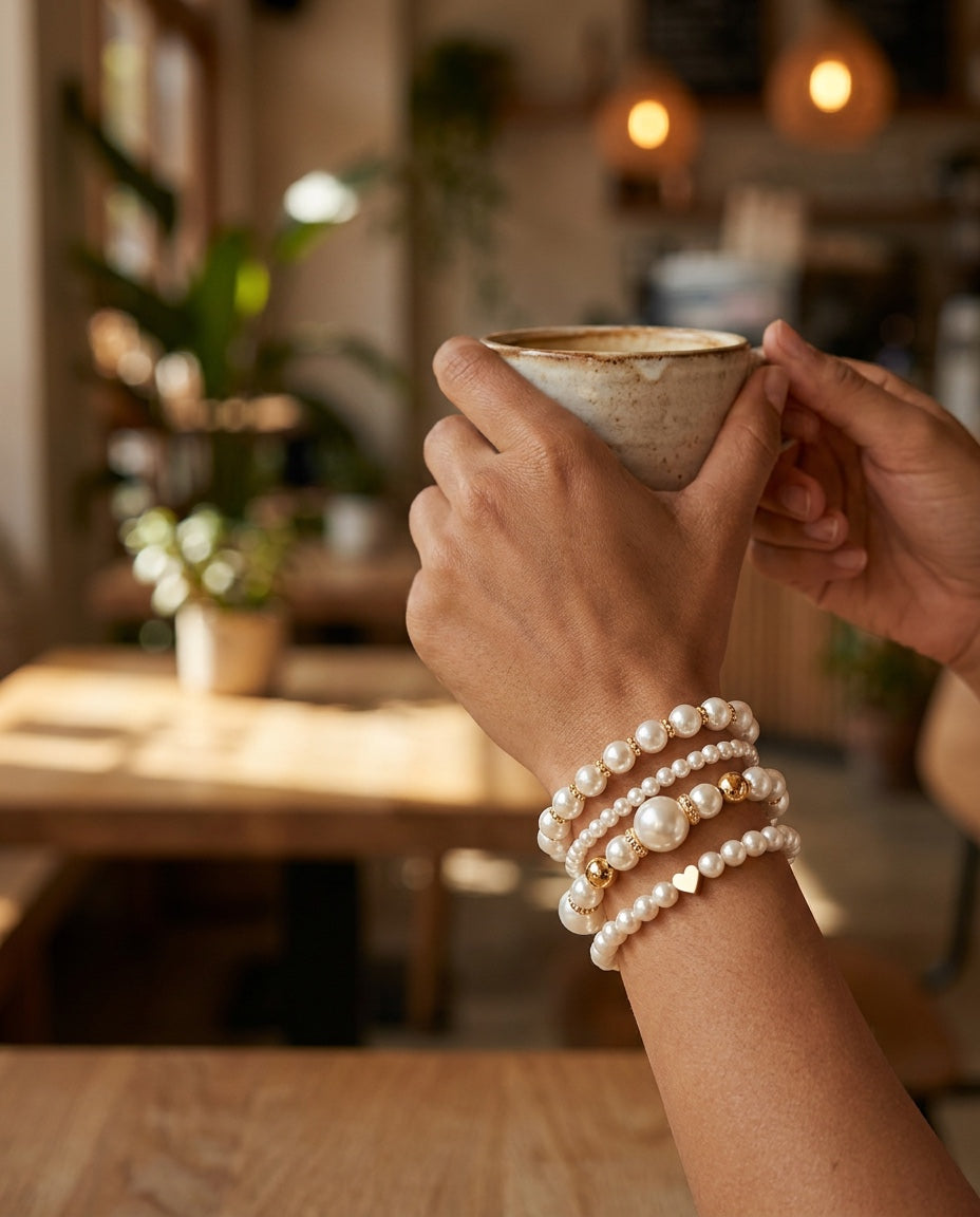 Model wearing Pearl Bracelet Set