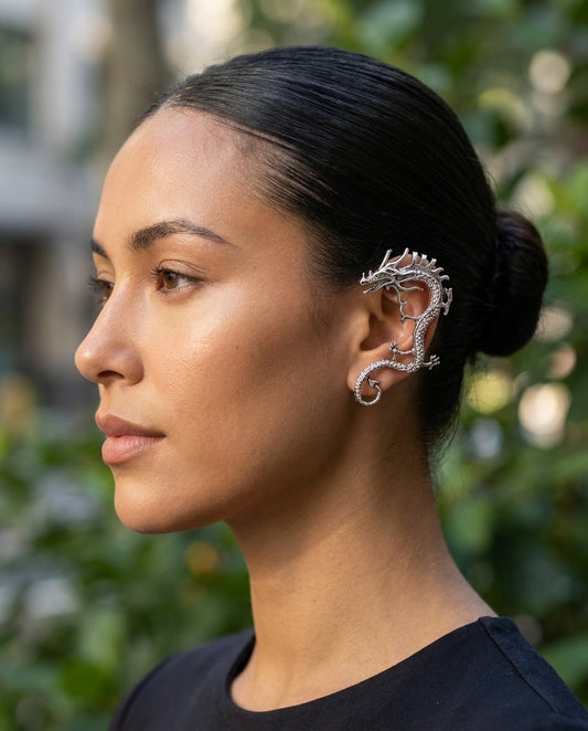 Model wearing Silver Dragon Earrings