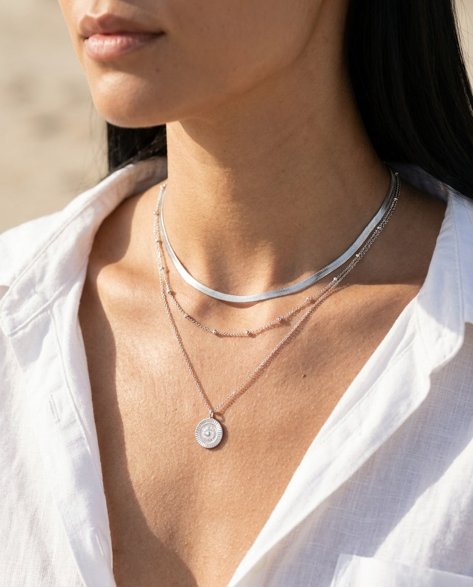 Model wearing Silver Necklace