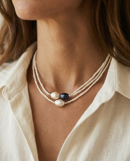 Model wearing Vintage Black & White Pearl Necklace