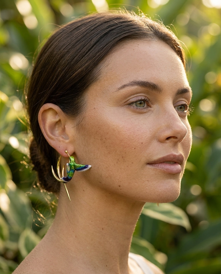 Model wearing Vintage Enamel Hummingbird Hoop Earrings