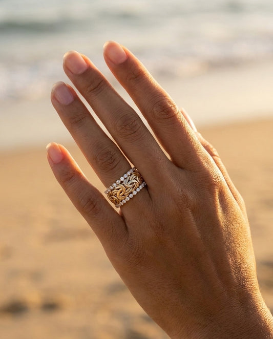 Model wearing Vintage Gold Braided Zirconia Ring