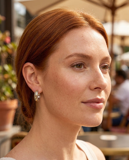Model wearing Vintage Golden Line Silver Hoop Earrings