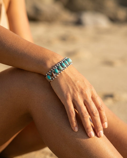 Model wearing Vintage Turquoise Stone Bracelet