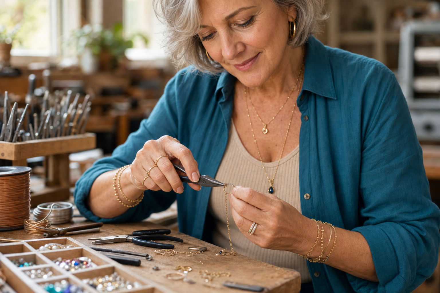 Luxina founder shaping a delicate gold piece by hand at her workbench