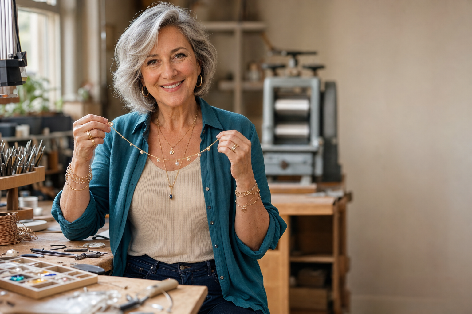 Luxina founder smiling in her goldsmith atelier holding a handcrafted gold necklace
